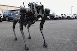 A Quadrupedal Unmanned Ground Vehicle, or "robot dog," goes for a test run at Portland Air National Guard Base, Ore., March 5, 2022. The QUGV is the most recent addition to the 142nd Security Forces Squadron.