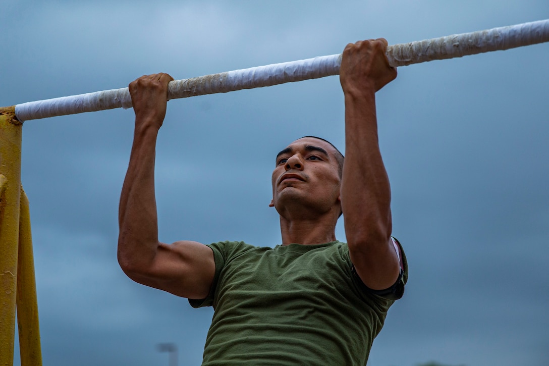 Recruit Cesar N. Limones, a recruit with Alpha Company, 1st Recruit Training Battalion, executes a pullup during the Physical Fitness Test (PFT) at Marine Corps Recruit Depot San Diego, Aug. 23, 2021. Limones was recruited out of Burleson, Texas with Recruiting Substation Fort Worth in Fort Worth, Texas. (U.S. Marine Corps photo by Lance Cpl. Grace J. Kindred)