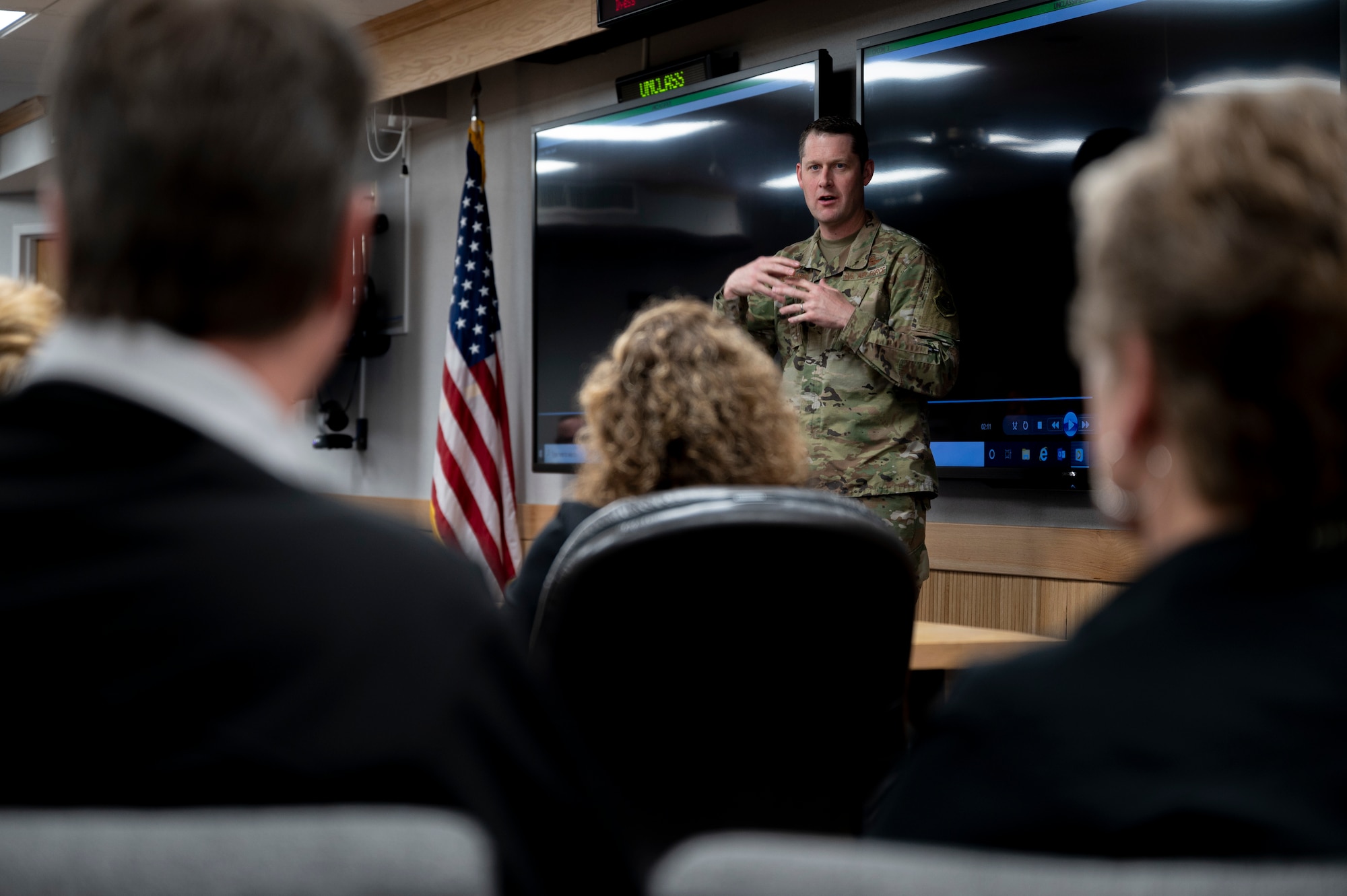 Col. Joseph Kramer, 7th Bomb Wing commander, briefs Abilene Military Affairs Committee members about the wing’s mission at Dyess Air Force Base, Texas, April 14, 2022. While the Abilene MAC toured the installation, they received wing mission-set briefings from Dyess installation leadership to gain a better understanding of the base’s area of proficiency. “The more that the MAC and Abilene communities understand the Team Dyess mission, the better they can support the Airmen and their families,” said Gray Bridwell, Abilene MAC vice president. “We’re here to support everyone at Dyess AFB; through the mission, the Airmen, and their families.” (U.S. Air Force photo by Senior Airman Colin Hollowell)