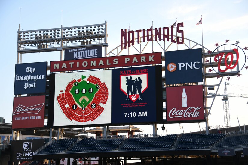 A scoreboard is above the stadium seats at Nationals Park in Washington, D.C., April 14, 2022.
