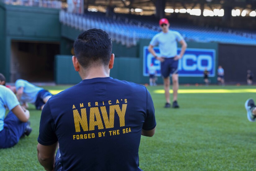 A Seaman prepares for the next exercise during high-intensity interval training, known as the Base HIIT Workout, at Nationals Park, Washington D.C., April 14, 2022.