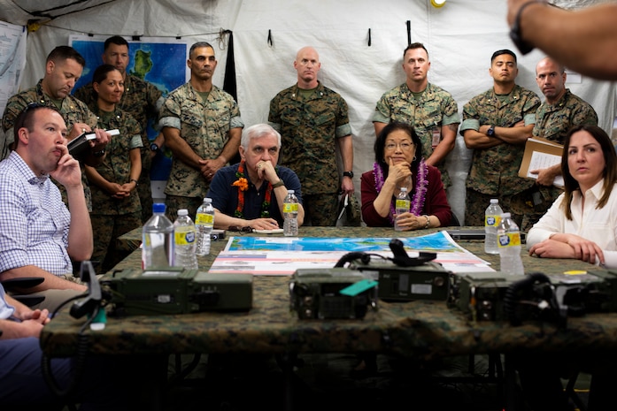 U.S. Sen. Jack Reed, center left, chairman of the Senate Armed Services Committee, and Sen. Mazie Hirono, center right, receive a brief from U.S. Marine Corps Maj. Gen. Mark Hashimoto, executive director for Marine Corps Forces, Pacific, during a visit to Marine Corps Base Hawaii, April 13, 2022. During the visit, the senators received updates on the security environment in the Indo-Pacific region and the Marine Corps’ efforts to address potential national security threats. Marines demonstrated their central role in enabling the joint force during a potential conflict and highlighted advantages created through Marine Corps posture and innovation. (U.S. Marine Corps photo by Cpl. Samantha Sanchez)
