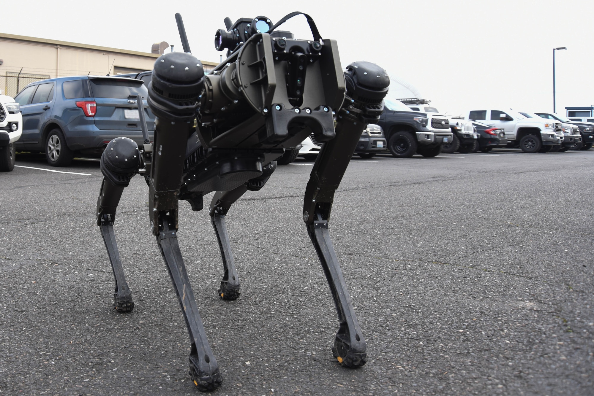 A Quadrupedal Unmanned Ground Vehicle, or "robot dog," goes for a test run at Portland Air National Guard Base, Ore., March 5, 2022. The QUGV is the most recent addition to the 142nd Security Forces Squadron.