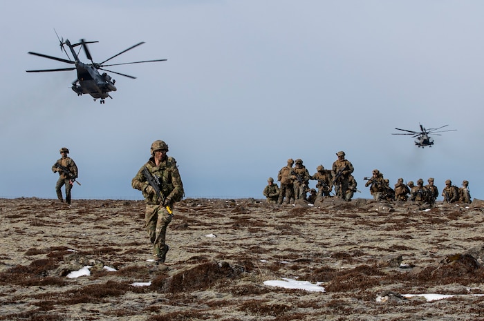 U.S. Marines assigned to the 22nd Marine Expeditionary Unit and Royal Marine Commandos assigned to M Company, 42 Commando Royal Marines execute a tactical recovery of aircraft and personnel exercise during Northern Viking 2022 on Keflavik Airbase, Iceland, April 8, 2022.