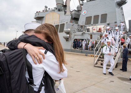 A Sailor assigned to the Arleigh Burke-class guided-missile destroyer USS Mitscher (DDG 57), embraces his wife after the ship's return to homeport, Naval Station Norfolk, April 16.