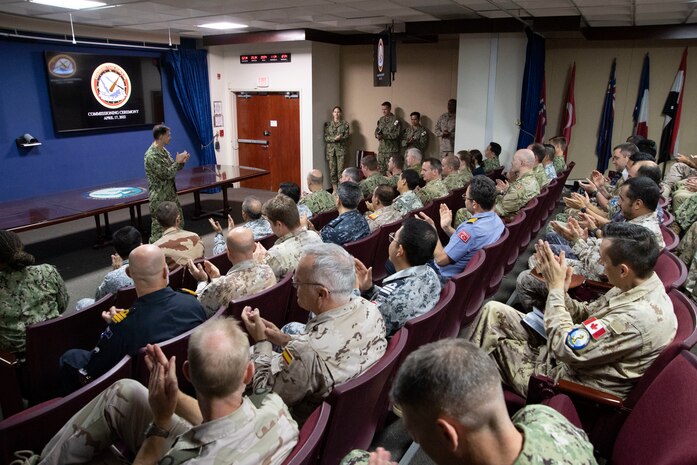 220417-N-ZA691-0024 MANAMA, Bahrain (April 17, 2022) Vice Adm. Brad Cooper, commander of U.S. Naval Forces Central Command, U.S. 5th Fleet and Combined Maritime Forces (CMF) speaks at the Combined Task Force (CTF) 153 commissioning ceremony April 17, at CMF headquarters in Bahrain. CTF 153 is a Combined Maritimes Forces task force focused on maritime security and capacity building in the Red Sea, Bab al-Mandeb and Gulf of Aden. (U.S. Navy photo by Mass Communication Specialist 1st Class Anita Chebahtah)