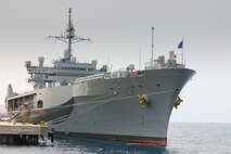 AQABA, Jordan (April 17, 2022) Amphibious command ship USS Mount Whitney (LCC 20), is moored pierside in Aqaba, Jordan, April 17. Mount Whitney is deployed to the U.S. 5th Fleet area of operations to help ensure maritime security and stability in the Middle East region. (U.S. Army photo by Cpl. DeAndre Dawkins)