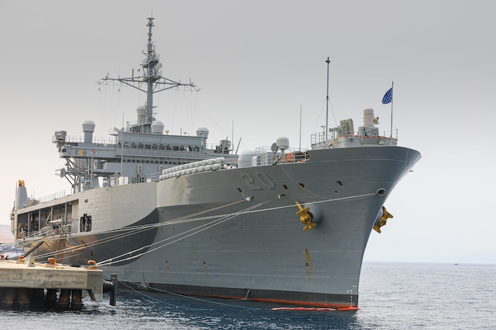 AQABA, Jordan (April 17, 2022) Amphibious command ship USS Mount Whitney (LCC 20), is moored pierside in Aqaba, Jordan, April 17. Mount Whitney is deployed to the U.S. 5th Fleet area of operations to help ensure maritime security and stability in the Middle East region. (U.S. Army photo by Cpl. DeAndre Dawkins)