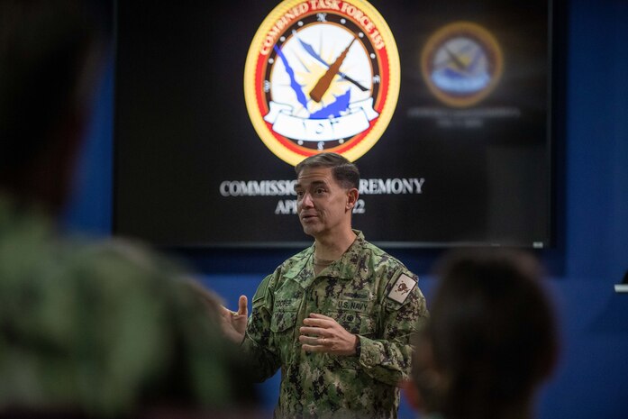 220417-N-KZ419-1015 MANAMA, Bahrain (April 17, 2022) Vice Adm. Brad Cooper, commander of U.S. Naval Forces Central Command, U.S. 5th Fleet and Combined Maritime Forces (CMF) speaks at the Combined Task Force (CTF) 153 commissioning ceremony April 17, at CMF headquarters in Bahrain. CTF 153 is a Combined Maritimes Forces task force focused on maritime security and capacity building in the Red Sea, Bab al-Mandeb and Gulf of Aden. (U.S. Navy photo by Mass Communication Specialist 2nd Class Dawson Roth)