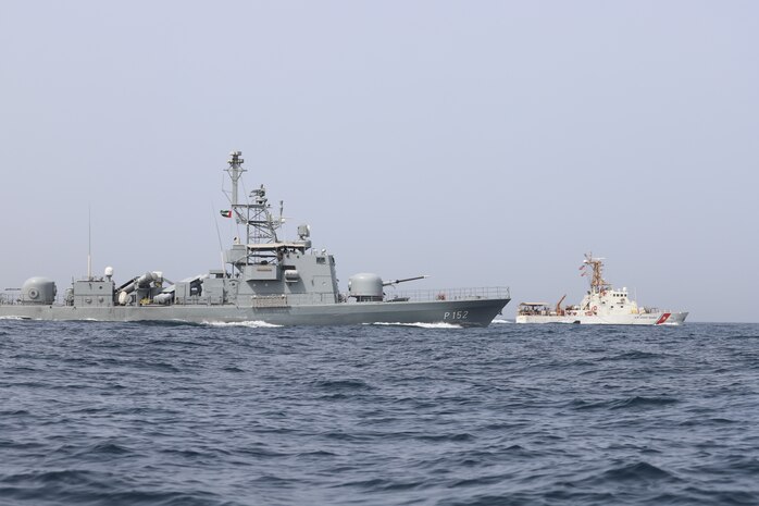 220412-N-NO146-1001 ARABIAN GULF (April 12, 2020) Patrol boat USCGC Baranof (WPB 1318), right, conducts a passing exercise with United Arab Emirates Navy missile patrol boat Marban (P 152)  during exercise Sentinel Shied in the Arabian Gulf, April 12.