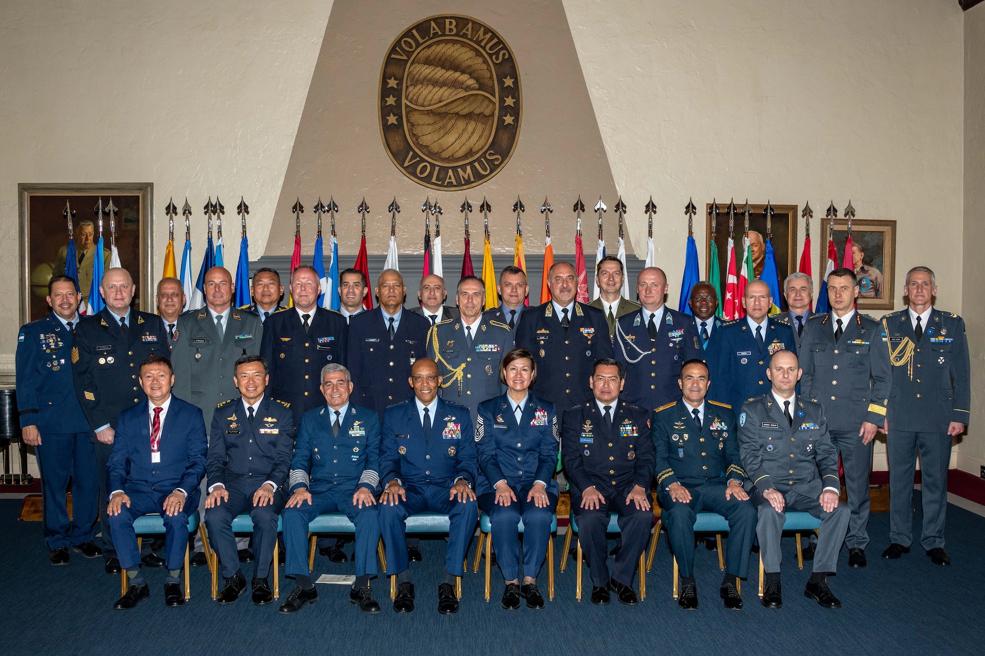 Air Force Chief of Staff Gen. CQ Brown, Jr. and Chief Master Sergeant of the Air Force JoAnne Bass pose with the international officers and senior enlisted leaders inducted into the 2022 Chief of Staff and Chief Master Sergeant of the Air Force International Honor Roll during a ceremony, April 13, 2022, Maxwell Air Force Base, Ala. (U.S. Air Force photo by Melanie Rodgers Cox)