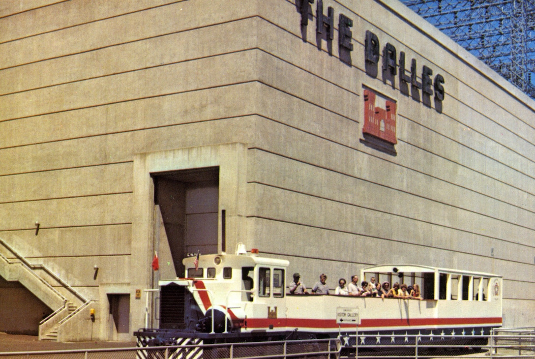 The locomotive and passenger car of Les Dalles Portage Railroad were repainted red, white and blue for the 1976 celebration of the United States Bicentennial.