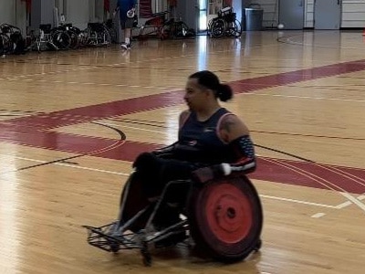 Staff Sgt. Joel Rodriguez participates in wheelchair basketball training at a gym in Fort Belvoir, Virginia prior to leaving for the Netherlands to compete in the Invictus Games.