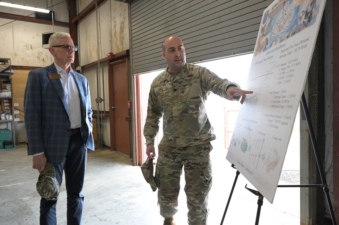 Michael Flanagan (left), Civilian Aide to the Secretary of the Army (CASA) for Virginia-South, is briefed by U.S. Air Force Lt. Col. Michael Askegren