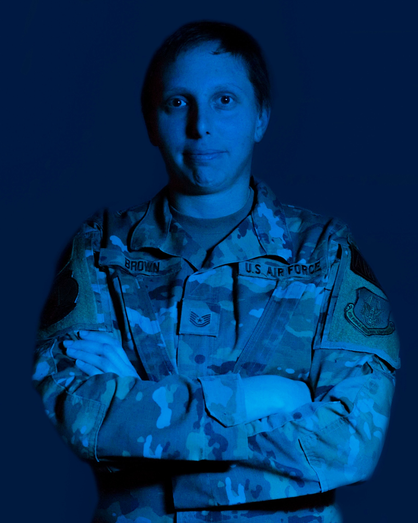 Tech. Sgt. Katherine Brown, 4th Fighter Wing Sexual Assault Prevention Response victim advocate, poses for a photo at Seymour Johnson Air Force Base, North Carolina, Apr. 6, 2022. Brown has been a volunteer victim advocate for ten years. (U.S. Air Force photo by Airman First Class Sabrina Fuller)