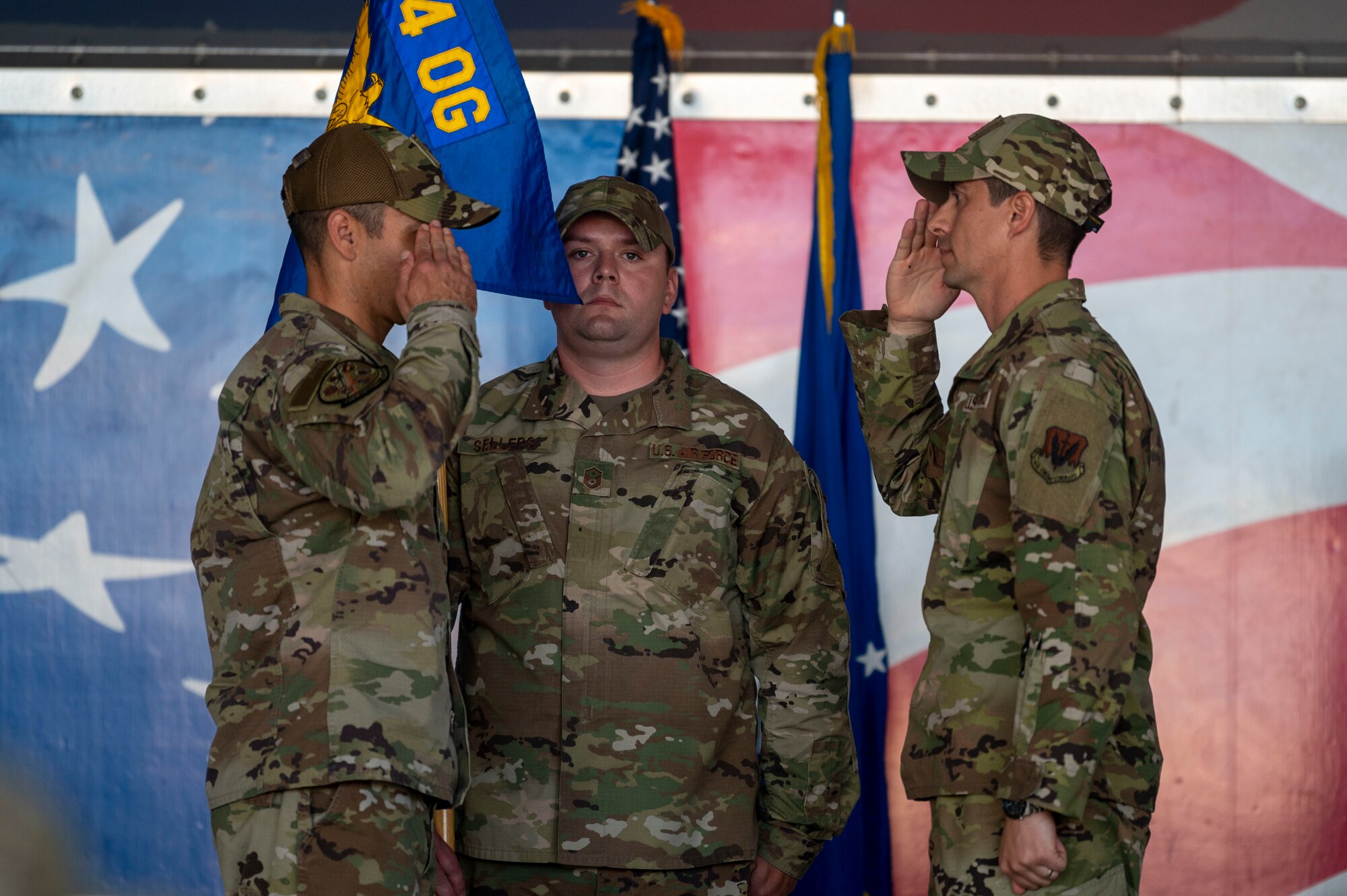Lt. Col. Stephen Keefer, incoming 4th Operations Support Squadron commander, assumes command of the 4th OSS during the 4th OSS change of command ceremony at Seymour Johnson Air Force Base, North Carolina, April 15, 2022. Keefer has spent over four years flying the F/A-18F Super Hornet as an exchange officer with the Royal Australian Air Force. (U.S. Air Force photo by Senior Airman Kevin Holloway)