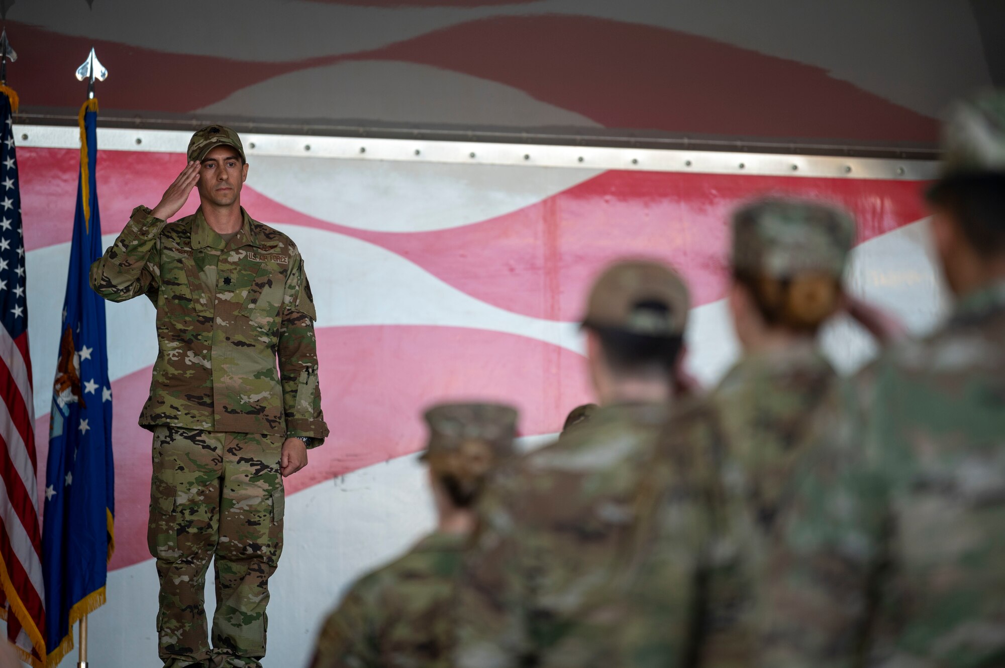 Lt. Col. Stephen Keefer, incoming 4th Operations Support Squadron commander, renders his first salute to the 4th OSS at Seymour Johnson Air Force Base, North Carolina, April 15, 2022. Keefer commissioned in 2006 from the United States Air Force Academy. (U.S. Air Force photo by Senior Airman Kevin Holloway)