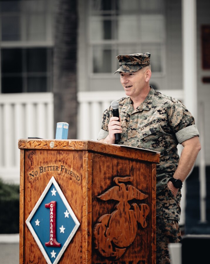 U.S. Marine Corps Chief Warrant Officer 5 Keith Marine, the 1st Marine Division gunner, speaks during his retirement ceremony at Camp Pendleton, California, April 1, 2022. Marine retired after 30 years of honorable and faithful service. (U.S. Marine Corps photo by Gunnery Sgt. Melissa Marnell)