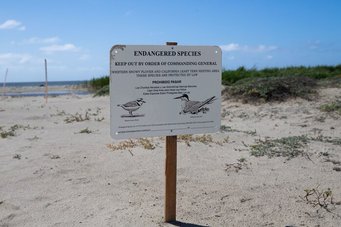 An endangered species sign is posted along the coastline on Marine Corps Base Camp Pendleton, Calif., March 29, 2022. As a result of Pendleton’s Environmental Security Department taking charge in protecting the environment and wildlife habitats, both the California gnatcatcher and kangaroo rat have been reduced from endangered to threatened species. Safeguarding endangered and threatened habitats also allows Camp Pendleton to maintain the same training environment and quality training opportunities for Marine Corps operational forces.