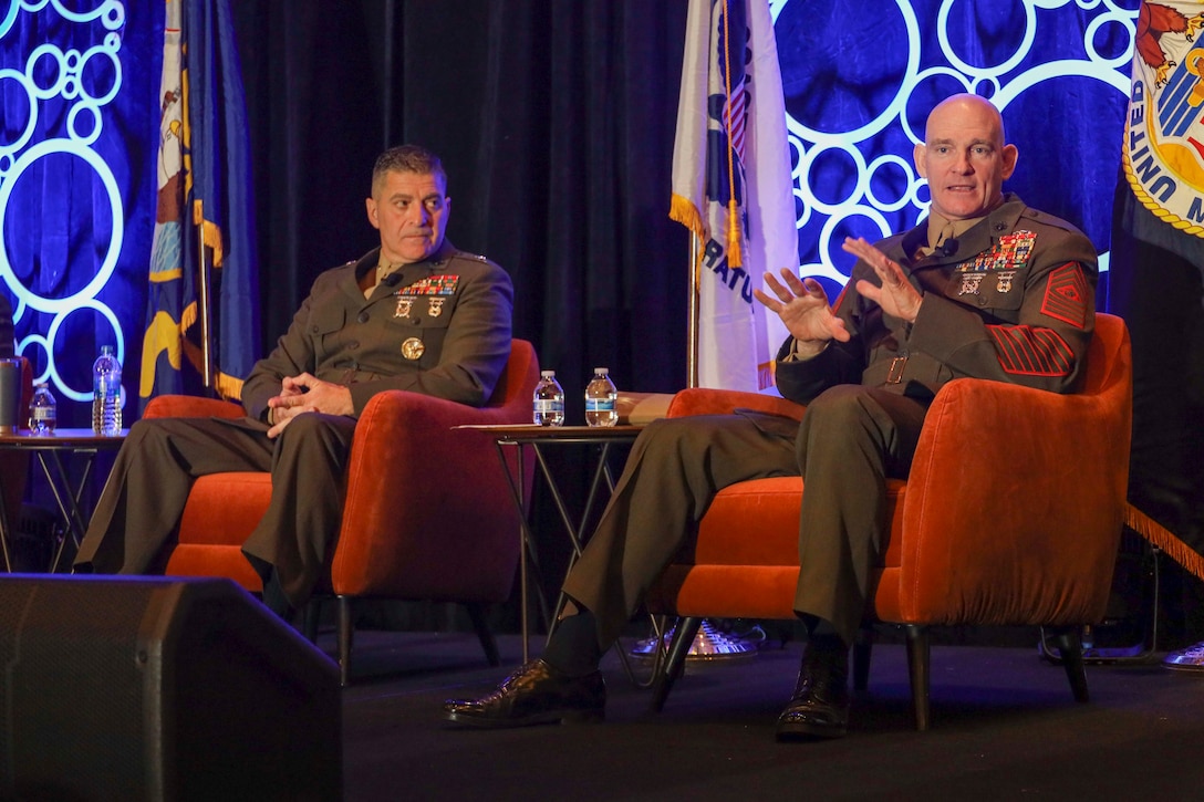 U.S. Marine Corps Sgt. Maj. Troy E. Black, the 19th Sergeant Major of the Marine Corps, speaks on a Force Design 2030 panel during the 2022 Sea-Air-Space Exposition at National Harbor, Maryland, April 4, 2022. The panel showcased the research-informed changes currently taking place in the Marine Corps to meet Force Design 2030 goals. Force Design 2030 is the Commandant's plan to shape the Marine Corps to face emerging threats. (U.S. Marine Corps photo by Staff Sgt. Victoria Ross)