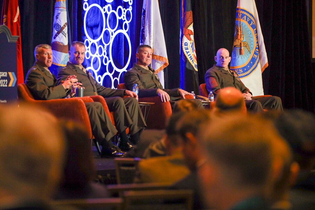 U.S. Marine Corps Sgt. Maj. Troy E. Black, the 19th Sergeant Major of the Marine Corps, speaks on a Force Design 2030 panel during the 2022 Sea-Air-Space Exposition at National Harbor, Maryland, April 4, 2022. The panel showcased the research-informed changes currently taking place in the Marine Corps to meet Force Design 2030 goals. Force Design 2030 is the Commandant's plan to shape the Marine Corps to face emerging threats. (U.S. Marine Corps photo by Staff Sgt. Victoria Ross)