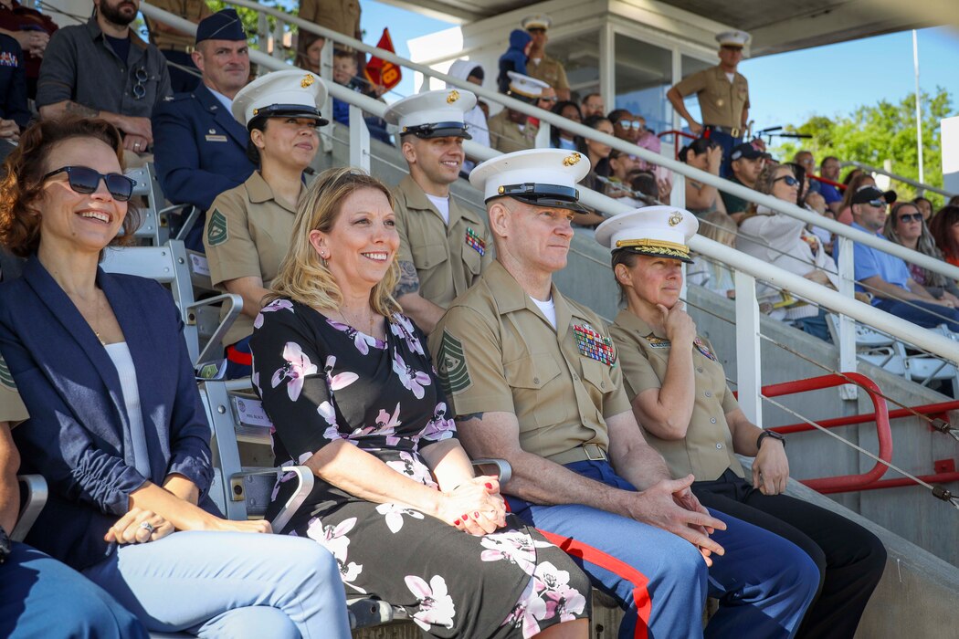 U.S. Marine Corps Sgt. Maj. Troy E. Black, the 19th Sergeant Major of the Marine Corps, observes Lima Company's graduation ceremony at Marine Corps Recruit Depot Parris Island, April 8, 2022. The sergeant major of the Marine Corps and his spouse, retired First Sgt. Stacie Black were the parade reviewing officials for Lima Company graduation ceremony. Marine Corps Recruit Depot Parris Island has transformed young men and women into Marines since 1915. (U.S. Marine Corps photo by Staff Sgt. Victoria Ross)