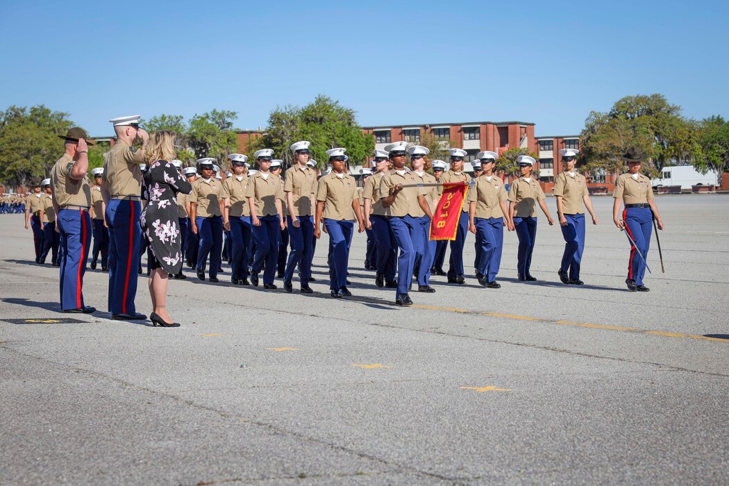 U.S. Marine Corps Sgt. Maj. Troy E. Black, the 19th Sergeant Major of the Marine Corps, observes Lima Company's graduation ceremony at Marine Corps Recruit Depot Parris Island, April 8, 2022. The sergeant major of the Marine Corps and his spouse, retired First Sgt. Stacie Black were the parade reviewing officials for Lima Company graduation ceremony. Marine Corps Recruit Depot Parris Island has transformed young men and women into Marines since 1915. (U.S. Marine Corps photo by Staff Sgt. Victoria Ross)