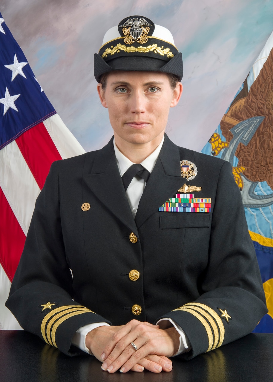 Official studio portrait of Cmdr. Fiona C. Halbritter, Chief Staff Officer, Amphibious Squadron 6