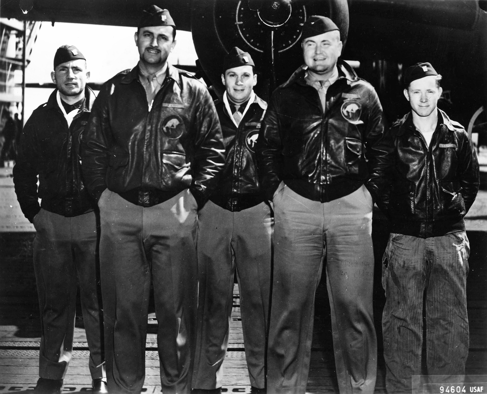 Crew 5, the Jones Crew, in a crew picture taken aboard USS Hornet (CV-8) enroute to Japan in April, 1942.  Left to right are Lt. Eugene F. McGurl, Navigator; Capt. David M. Jones, Pilot; Lt. Denver V. Trueblood, Bombardier; Lt. Rodney R. Wilder, Co-pilot and Sgt. Joseph W. Manske, Flight Engineer/Gunner.
