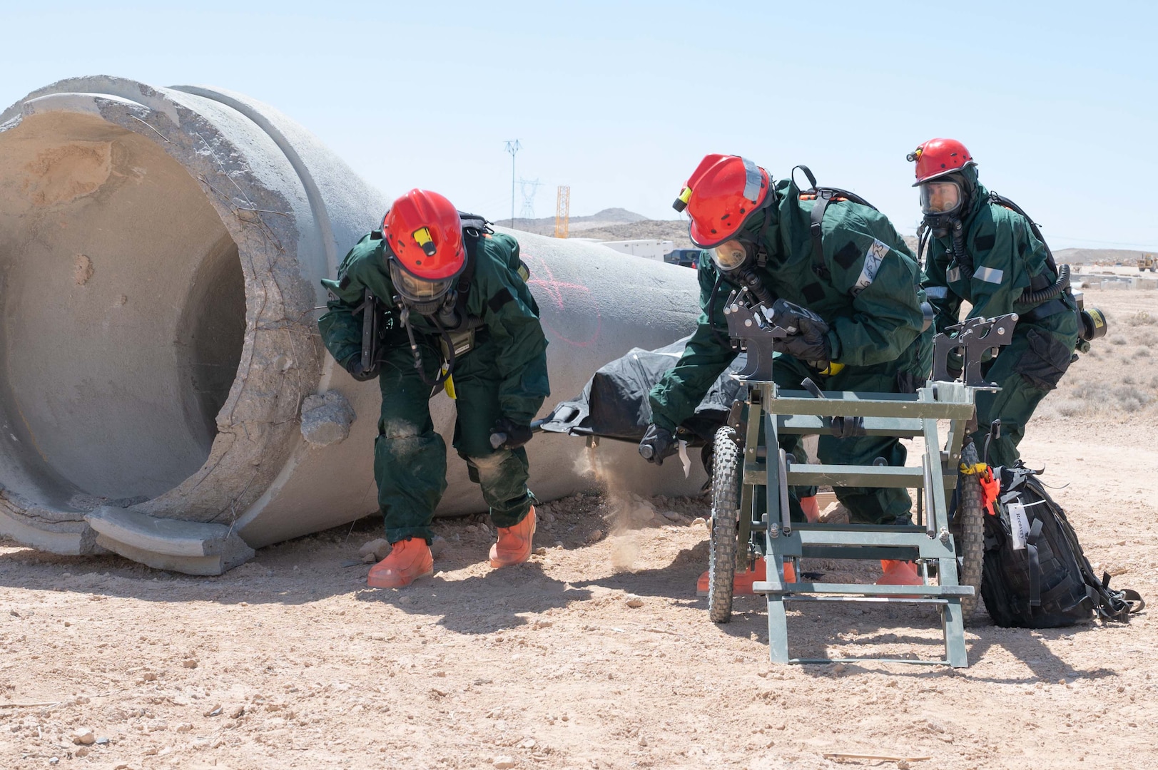 FSS specialists who have volunteered for the FSRT mission, transport simulated human remains during an in-person combined training event with other Air and Army National Guard units in Las Vegas in April 2022.