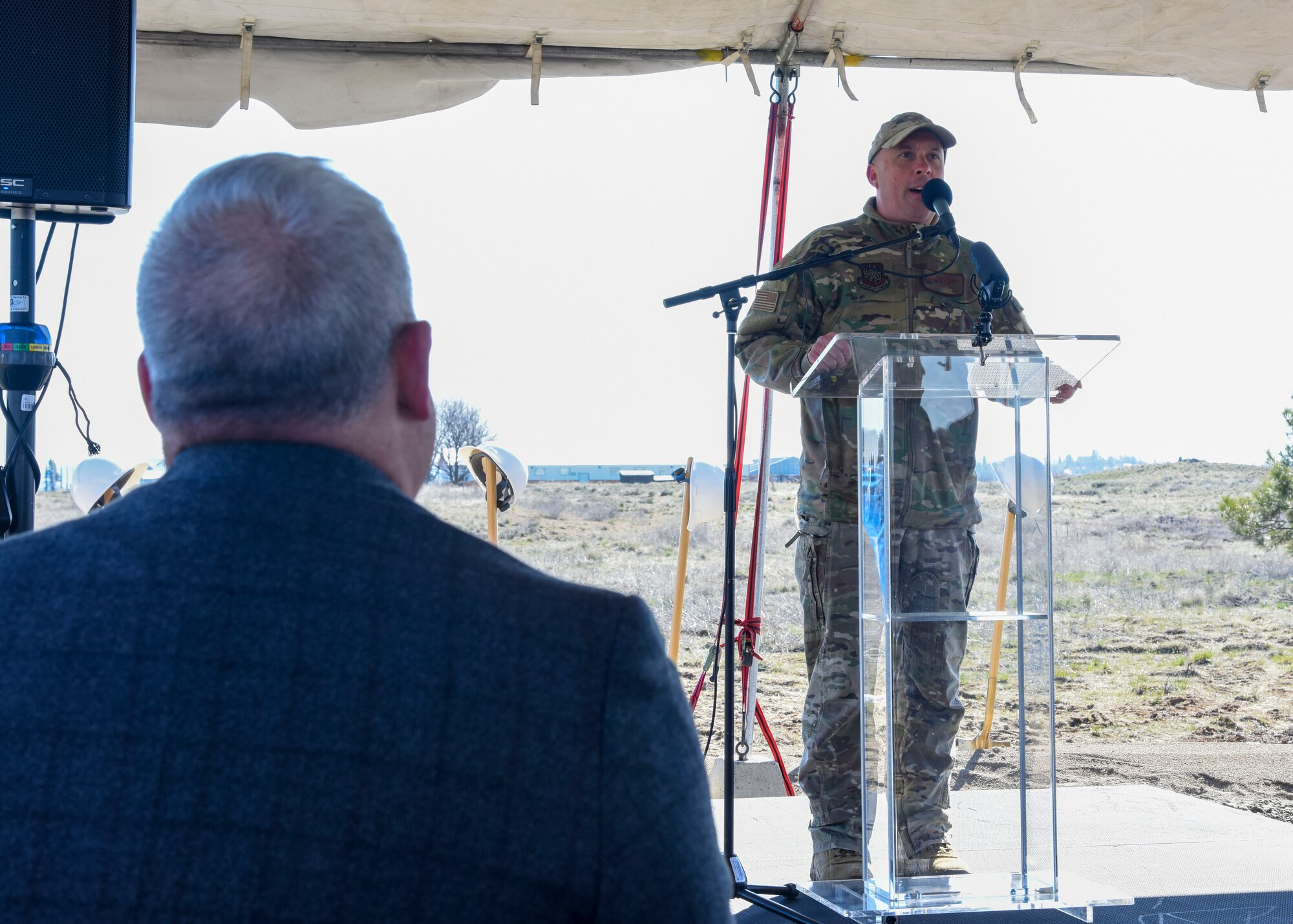 U.S. Air Force Col. Cassius Bentley III, 92nd Air Refueling Wing commander, speaks at a groundbreaking ceremony in Spokane, Washington.