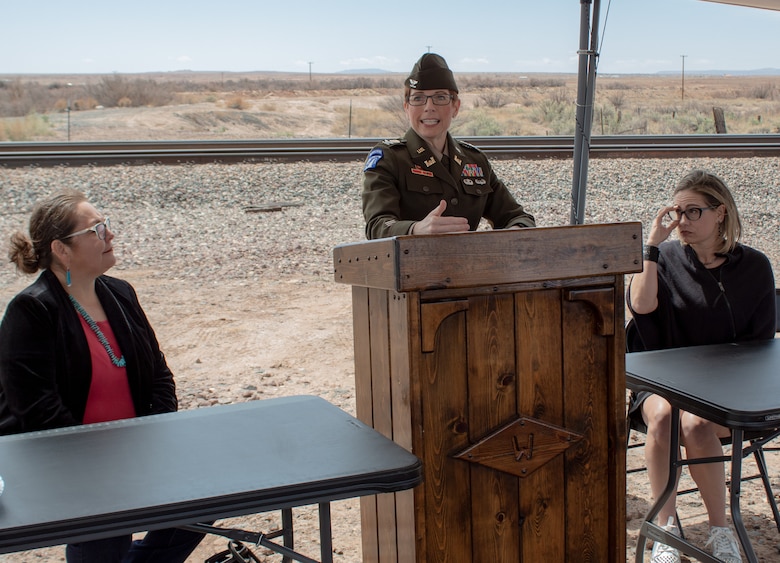 U.S. Army Corps of Engineers Los Angeles District Commander Col. Julie Balten, center, speaks to attendees about the Little Colorado River at Winslow Flood-Control project. Also pictured are Winslow City Mayor Roberta Cano, left, and Sen. Krysten Sinema, right, who also discussed goals for the project during a panel discussion and site visit April 11 in Winslow, Arizona. The project area includes about 4.3 miles of flood-risk reduction levee and improvements, located along the Little Colorado River near Winslow. (Photo by Robert DeDeaux, Los Angeles District PAO)