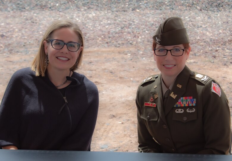 Sen. Krysten Sinema and U.S. Army Corps of Engineers Los Angeles District Commander Col. Julie Balten during the Winslow Flood Control Project site visit and panel presentation April 11 in Winslow, Arizona. The project is receiving more than $65 million in federal funding from the bipartisan Infrastructure and Investment Jobs Act to complete design and construction. (Photo by Robert DeDeaux, Los Angeles District PAO)