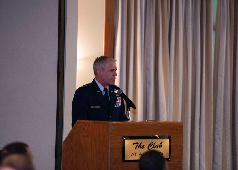 Maj. Gen. Joel Jackson, Air Force District of Washington commander, gives the opening speech during the State of the Base at the Club at Andrews, Joint Base Andrews, Md., April 12, 2022.