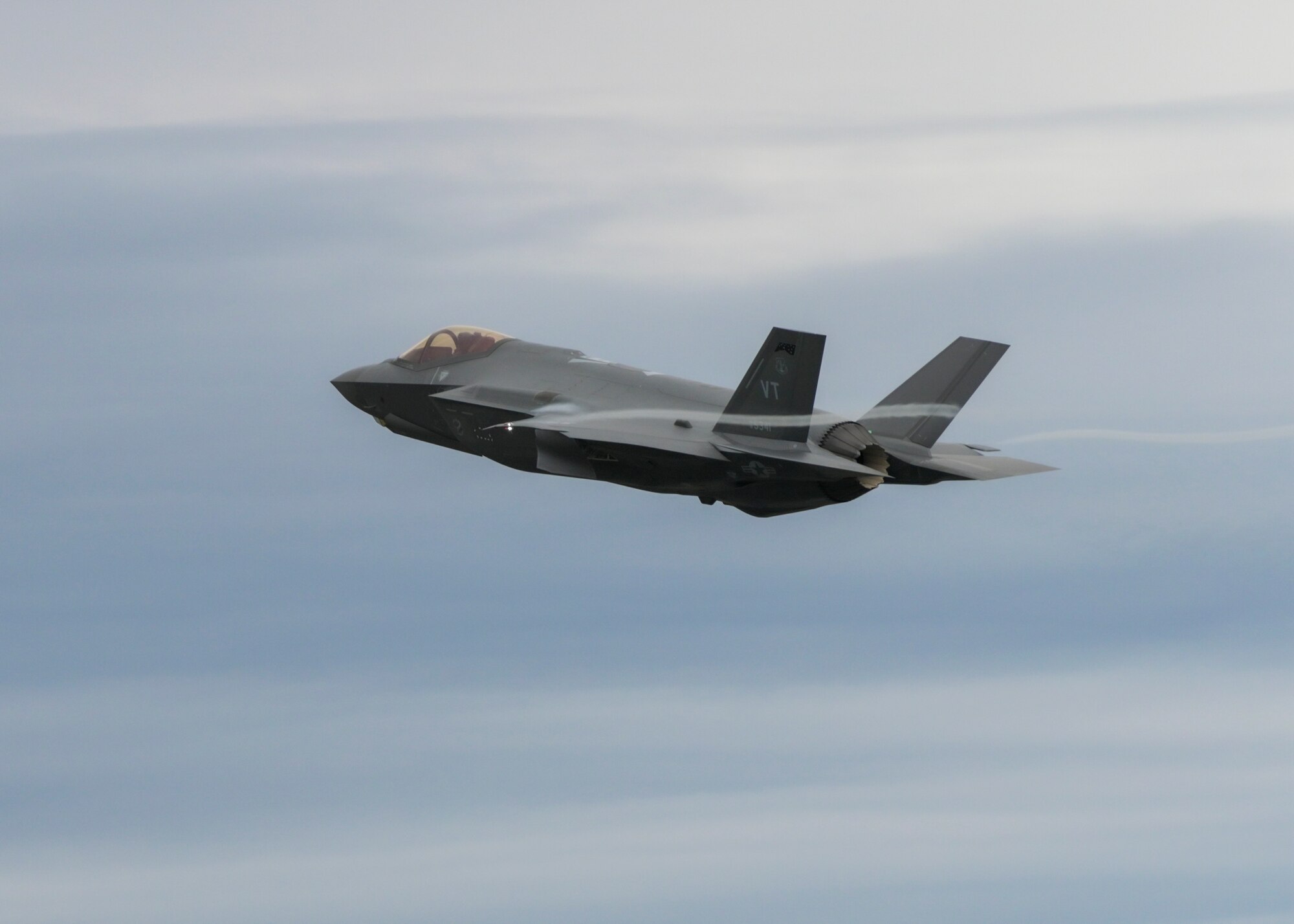An F-35 Lightning II Aircraft assigned to the 158th Fighter Wing, Burlington Air National Guard Base, Vermont takes off April 13, 2022 from Burlington International Airport, Vermont. The Vermont Air National Guard was the first unit of the Air National Guard to receive the 5th Generation fighter and Madison's 115th Fighter Wing is scheduled to be the second with the arrival of its first F-35 in spring of 2023. (U.S. Air National Guard photo by Staff Sgt. Cameron Lewis)