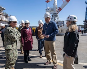 BATH, Me. (Apr. 18, 2022) - Chief of Naval Operations (CNO) Adm. Mike Gilday and Sen. Susan Collins meet with Christopher Waaler, Vice President of Programs and Planning, during a tour of General Dynamics Bath Iron Works shipyard in Bath, Maine. During the visit, CNO met shipyard employees and the crew of the future Arleigh Burke-class guided-missile destroyer USS Carl M. Levin (DDG 120). (Photo courtesy of General Dynamics Bath Iron Works/Released)