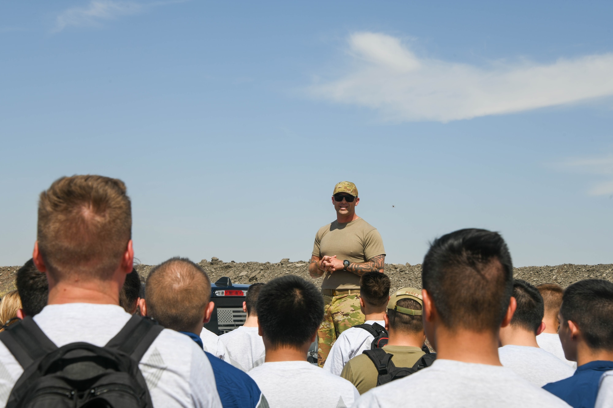 U.S. Air Force Senior Master Sgt. Jamie Almquist, 97th Training Squadron (TRS) senior enlisted leader, briefs students at the Talon Challenge at Altus Air Force Base, Oklahoma, April 10, 2022. The Talon Challenge was the first of its kind and will be held quarterly at the TRS. (U.S. Air Force photo by Airman 1st Class Trenton Jancze)