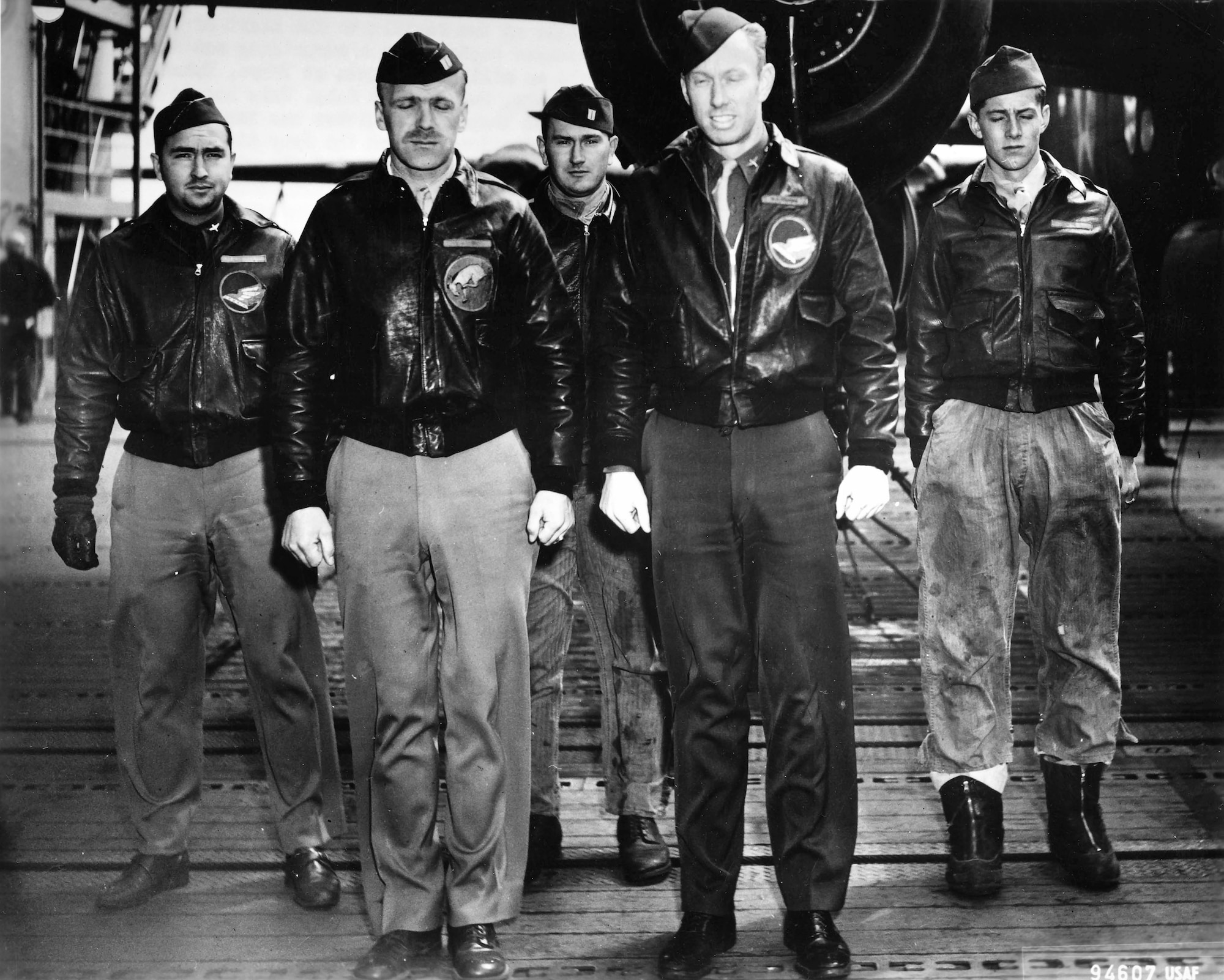 Crew 8, the York Crew, in a crew picture taken aboard USS Hornet (CV-8) enroute to Japan in April, 1942.  Left to right are Lt. Nolan A. Herndon, Navigator; Lt. Robert G. Emmens, Co-pilot; S/Sgt Theodore H. Laban, Bombardier; Capt. Edward J. York, Pilot and Sgt. David W. Pohl, Flight Engineer/Gunner.  (Children of the Doolittle Raiders.com)