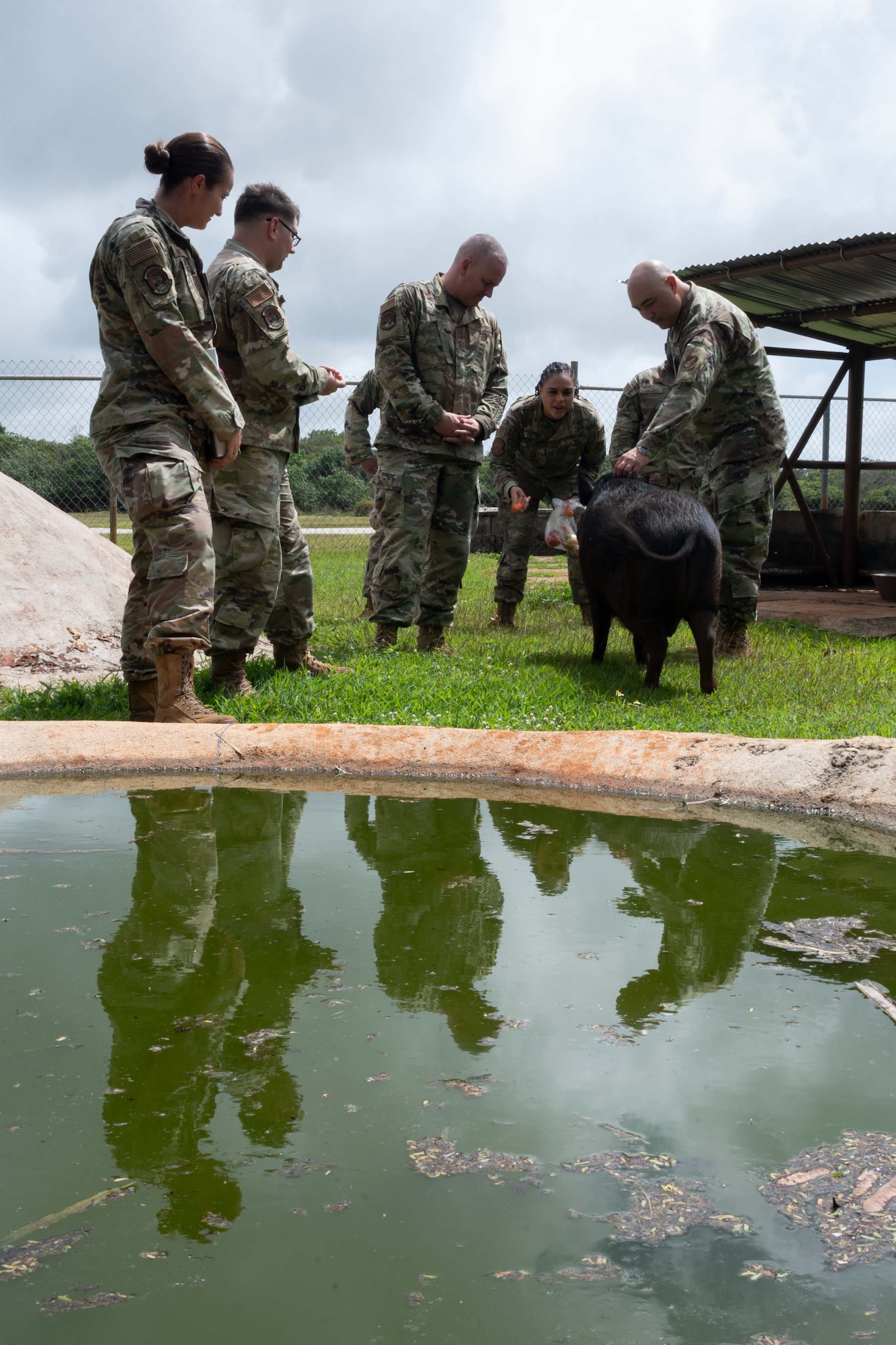 U.S. Air Force Chief Master Sgt. David R. Wolfe, Pacific Air Forces command chief, visits Shakey the pig, the 36th Wing mascot, during a tour of Andersen Air Force Base, Guam, April 14 2022.