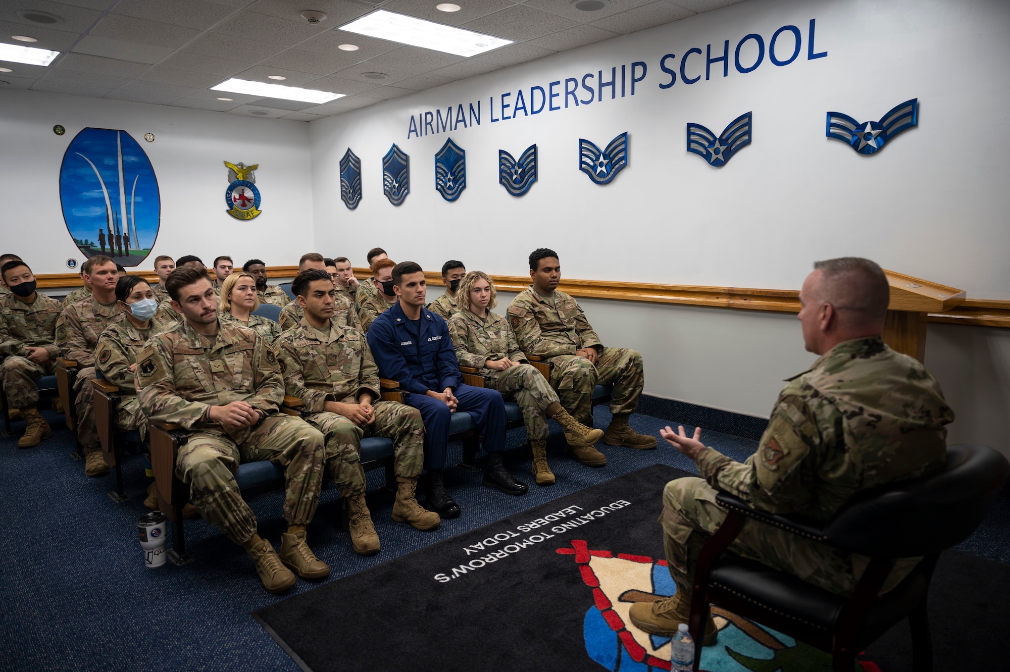 U.S. Air Force Chief Master Sgt. David R. Wolfe, Pacific Air Forces command chief, speaks with service members attending the Airman Leadership School at Andersen Air Force Base, Guam, April 14, 2022.