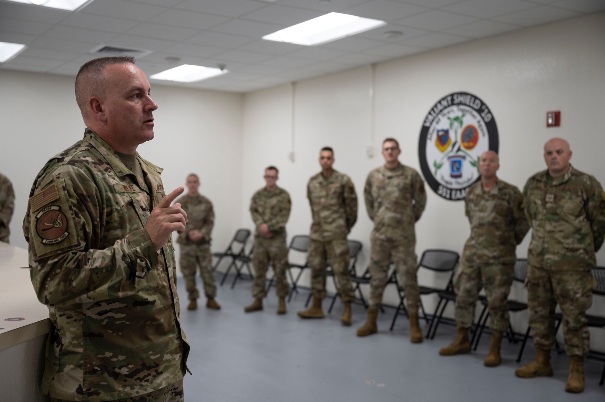 U.S. Air Force Chief Master Sgt. David R. Wolfe, Pacific Air Forces command chief, speaks to Airmen with the 36th Maintenance Group about what they believe can be done to improve certain processes at Andersen Air Force Base, Guam, April 14, 2022.