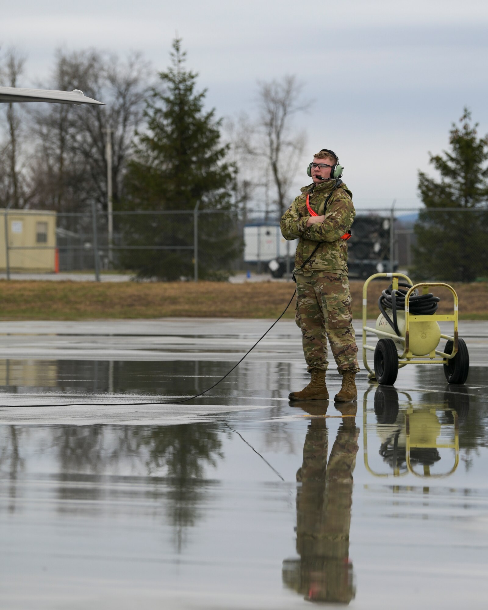 U.S. Air Force Senior Airman Kyle Pamperin, a crew chief assigned to the 115th Fighter Wing, Madison, Wisconsin, prepares to launch an F-35 Lightning II Aircraft at the 158th Fighter Wing, Burlington Air National Guard Base, Vermont April 13, 2022. Pamperin and five others are temporarily assigned to the 158th Fighter Wing to receive training on the F-35 as Madison's 115th Fighter Wing is transitioning to the new aircraft in spring of 2023.  (U.S. Air National Guard photo by Staff Sgt. Cameron Lewis)