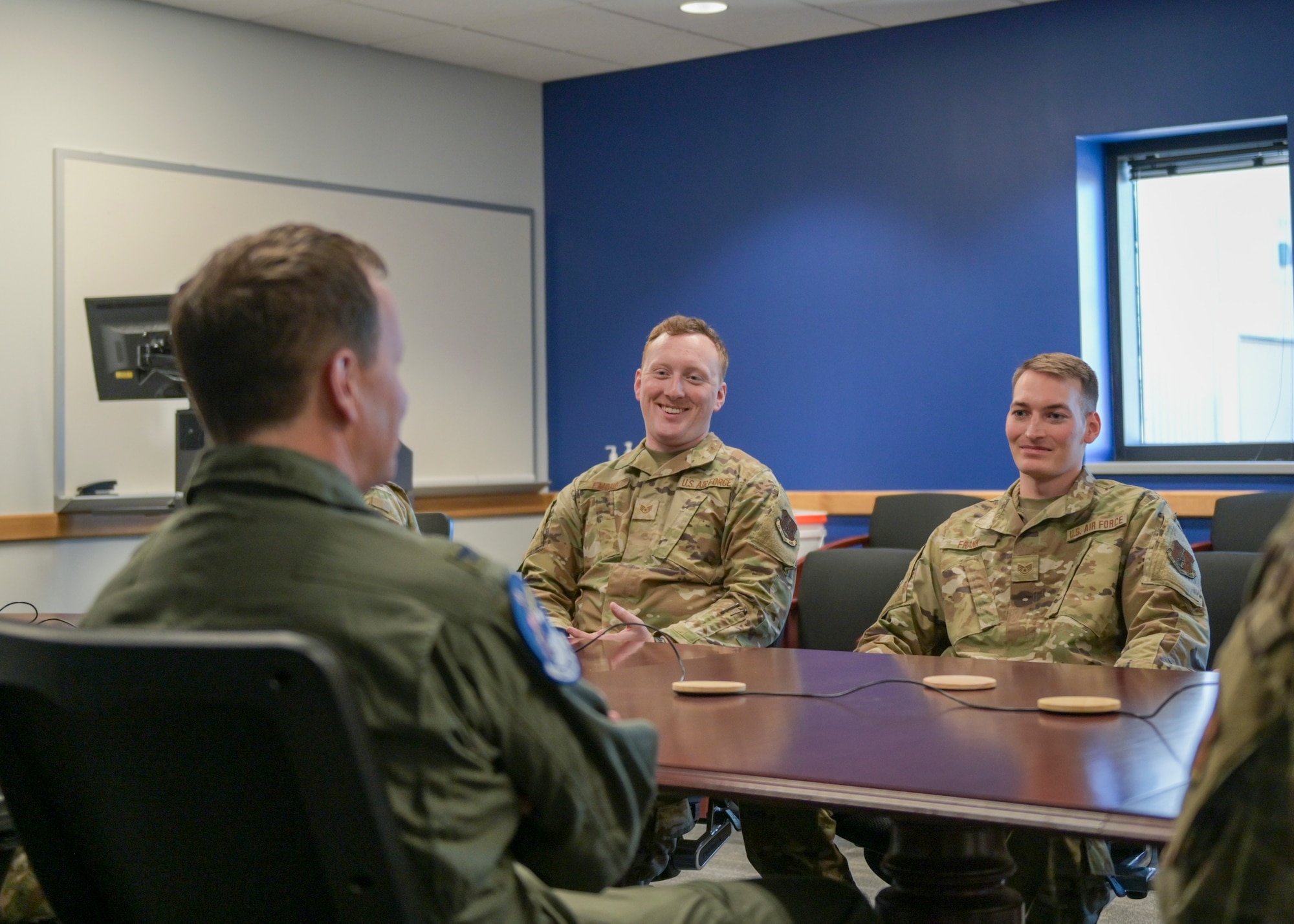 U.S. Air Force Col. Bart Van Roo, the 115th Fighter Wing commander, and U.S. Air Force Chief Master Sgt. Brian Carroll, the 115th FW command chief, visit Wisconsin Air National Guardsmen assigned to the 115th Fighter Wing as they train with the 158th Fighter Wing of the Vermont Air National Guard April 12, 2022. The Vermont ANG was the first guard unit to receive the F-35 Lightning II and the Wisconsin ANG is slated to be the second with the arrival of its first F-35 in spring 2023. (U.S. Air National Guard photo by Staff Sgt. Cameron Lewis)