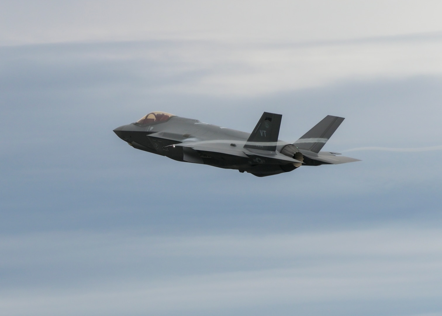 An F-35 Lightning II Aircraft assigned to the 158th Fighter Wing, Burlington Air National Guard Base, Vermont takes off April 13, 2022 from Burlington International Airport, Vermont. The Vermont Air National Guard was the first unit of the Air National Guard to receive the 5th Generation fighter and Madison's 115th Fighter Wing is scheduled to be the second with the arrival of its first F-35 in spring of 2023. (U.S. Air National Guard photo by Staff Sgt. Cameron Lewis)