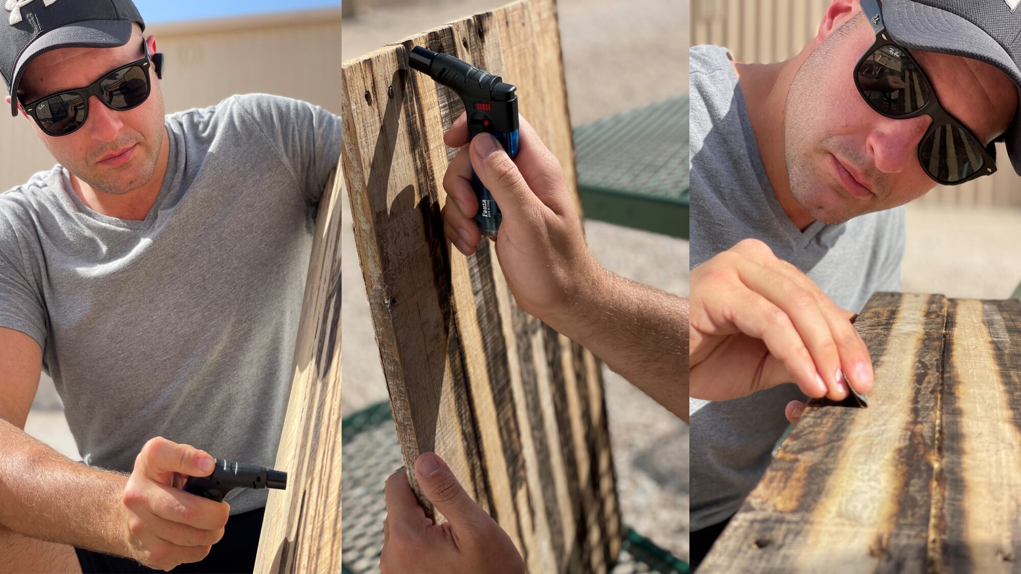 A photo collage of a person woodworking on a cafeteria plate sized piece of wood