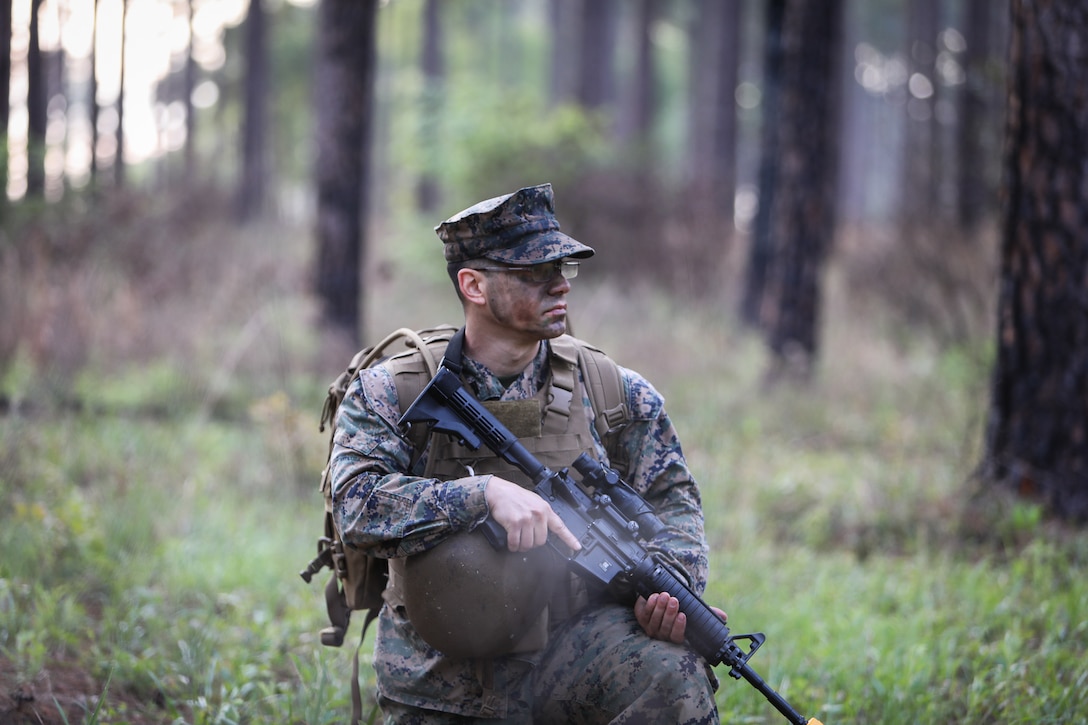 Marines abroad Marine Corps Logistics Base Albany conducted basic skills training on defending a position and standing a sentry post, April 8-9. The purpose of this training is to build unit cohesion by implementing challenging and realistic settings to strengthen leadership and critical thinking, while in an unpredictable environment.