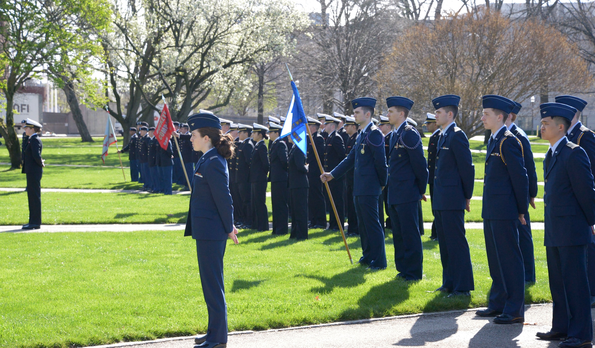 Cadets of Detachment 645 commence the Tri-Service Parade April 14, 2022 at Ohio State University. The Tri-Service Parade has been a tradition at Ohio State University since 1916, and allows several cadets and midshipmen to receive scholarship awards from generous donors. (U.S. Air Force photo by Darrius Parker)