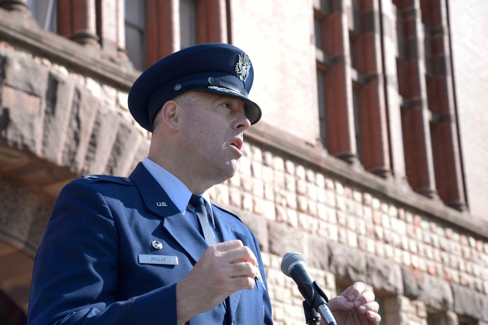 Col. Patrick Miller, 88th Air Base Wing and Wright-Patterson Air Force Base commander, informs cadets of Detachment 645 of the commitment that awaits them serving their country April 14, 2022 at Ohio State University. The Tri-Service Parade has been a tradition at Ohio State University since 1916, and allows several cadets and midshipmen to receive scholarship awards from generous donors. (U.S. Air Force photo by Darrius Parker)