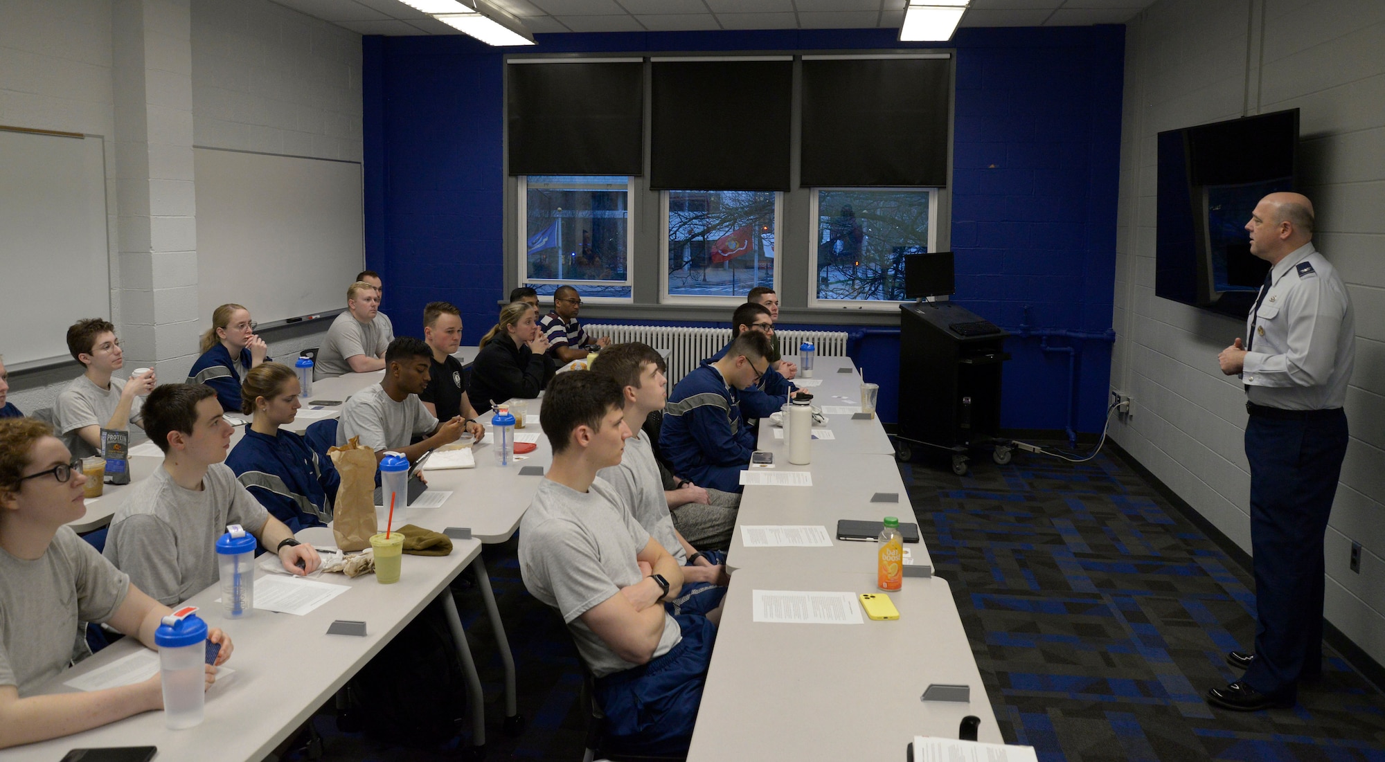 Col. Patrick Miller, 88th Air Base Wing and Wright-Patterson Air Force Base commander, speaks to students part of the Air Force Detachment 645 ROTC program April 14, 2022 at Ohio State University. College students interested in joining the Air Force or Space Force go through a four-year program which allow them to attend AFROTC classes along with other college courses to receive elective academic credit. (U.S. Air Force photo by Darrius Parker)