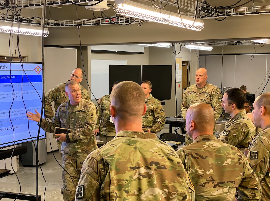 Brig. Gen. Todd Lazaroski, the commanding general of the 87th Training Division, offers guidance to the 926th Engineer Brigade command team during the Mission Command Seminar prior to the execution of the Command Post Exercise Functional (CPX-F) located at Ellington Air Field, TX.